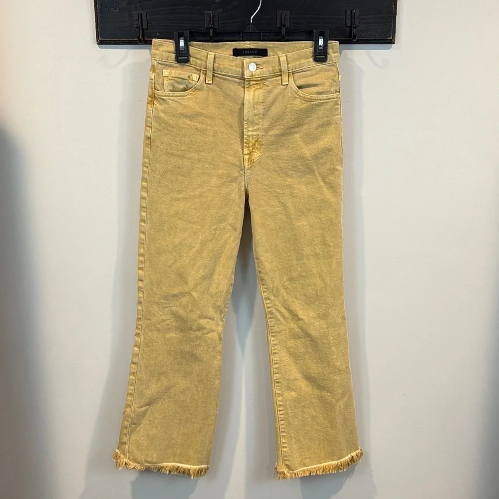 J Brand Julia High Rise Fringe Hem Crop Flare Jeans in Litho Gold Size 28
